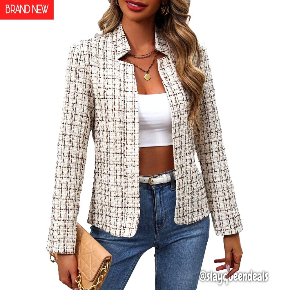 Women's Tweed Plaid Blazer Jacket Fully Lined Open Front Work Office Coat